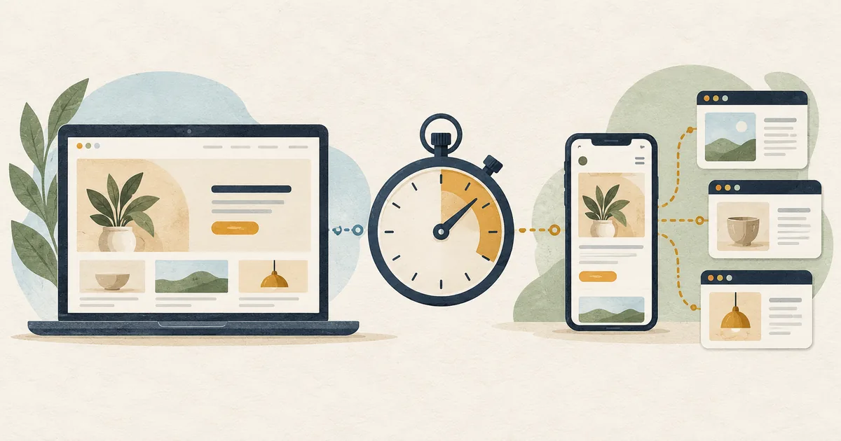 Illustration: Laptop, Stoppuhr und Smartphone stehen für die Prüfung von Website-Ladezeiten auf verschiedenen Geräten.